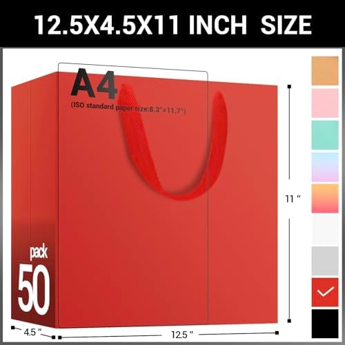 EUSOAR Large Gift Bags, 50 Pack 12.5x4.5x11 inches Red Birthday Gift Bags with Handles, Paper Bags Shopping Bags for Business Craft Grocery Boutique Party Favor Wedding - Image 2