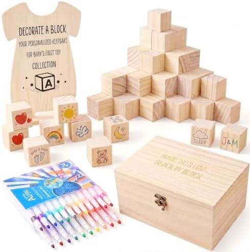 79 PCS Baby Shower Game Kit, Fun Baby Shower Blocks Decorating Game Includes 52 Wooden Blocks, 24 Markers, 1 Game Sign, 1 Storage Box and 1 Pattern Guide, Natural Wood by LEIFEOSH