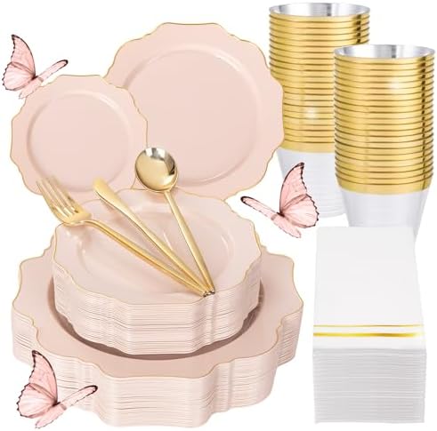 WDF 175Pcs Pink Plastic Plates - Pink and Gold Plates Disposable 25guest Plastic Dinnerware Ideal for Bridal Shower/Wedding/Baby Shower/Spring Party by WDF