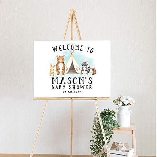 Andaz Press Custom Large Baby Shower Canvas Welcome Sign, 16 x 20 Inches, Woodland Animals, Guestbook Alternative, Personalized Sign Our Canvas, for Woodland Forest Animal Baby Shower, Baby Sprinkle - Image 2
