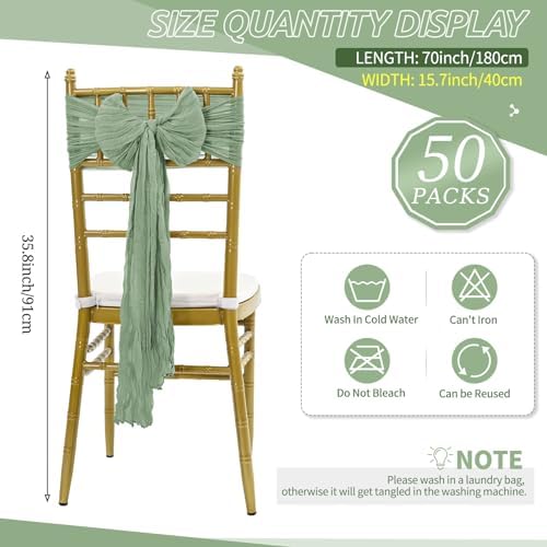 50 PCS Cheesecloth Chair Sashes Bows Wedding Aisle Decorations Chair Ribbon Ties Back Sash for Wedding Party Events Banquet Chair Cover Decoration (Sage Green) - Image 2