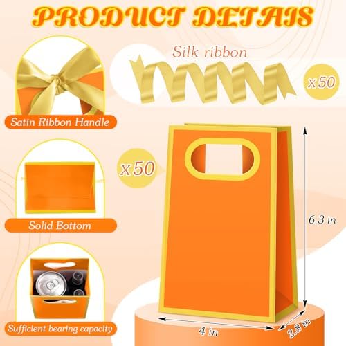 AmazingSpark 50 Pcs Orange Gold Mini Gift Bags Bulk 6.3 x 3.9 x 2.8 Inch Party Favors Elegant Small Gift Bags with Handles and Ribbon Bows for Wedding Birthday Bridal Baby Shower Party Favors - Image 2