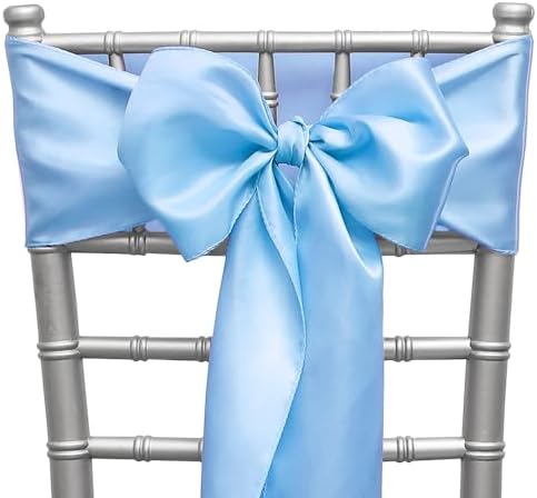 Pack of 50 Satin Baby Blue Chair Sashes Bows 7 X 108 Inch Universal Gold Chair Ribbons for Wedding Ceremony Party Banquet Event Chair Decorations - Baby Blue Chair Sashes 50 Pack by ZSJFMF