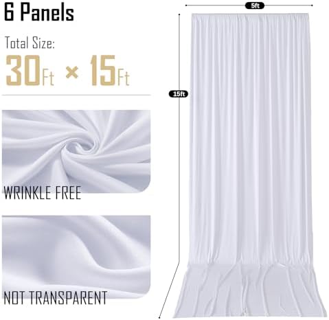 gogoparti 30x15 ft White Backdrop Curtain for Weddings & Parties - 6-Panel Wrinkle-Free Polyester Drape, 15 FT Long for Birthday, Baby Shower, Halloween Photography Background - Image 3