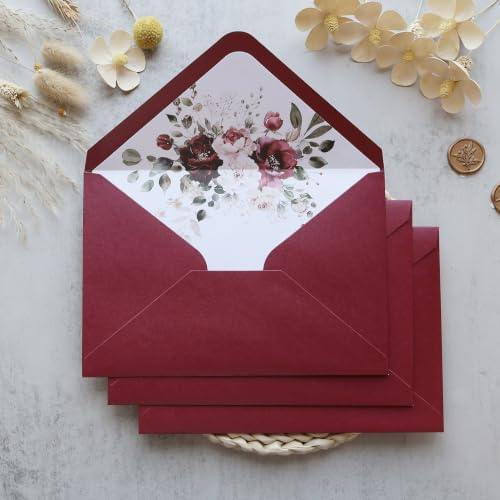 50PCS A7 Burgundy Envelopes, 5.3×7.6" Floral Liner Envelopes - Image 6