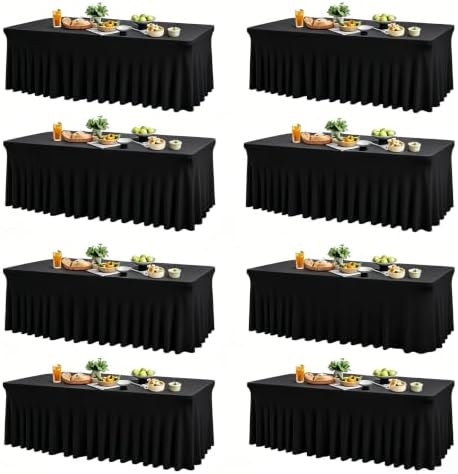 Wish Care 8 Pack Black Spandex Table Clothes for 6 Foot Rectangle Tables, 6FT Wrinkle Free Fitted Tablecloths Ruffles Design Table Cloth for Party, Banquet, Wedding and Events by WishCare