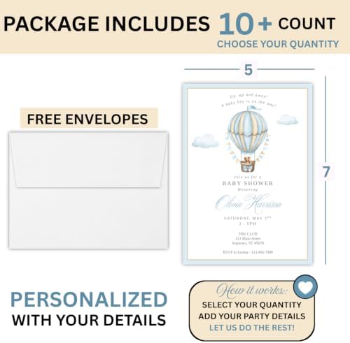 Personalized Baby Shower Invitations with Optional Books for Baby Insert | Vintage Hot Air Balloon Baby Shower Invite | Custom Printed Invitation - Image 3