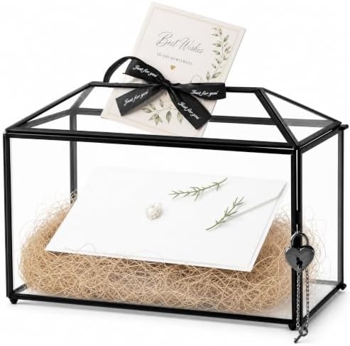 Wedding Card Box with Slot and Lock, 12.6'' Large Black Card Box for Reception, Glass Decorative Card Holder, Reusable Keepsake Storage for Wedding, Party, Baby Showers, Tabletop Decor by Unknown