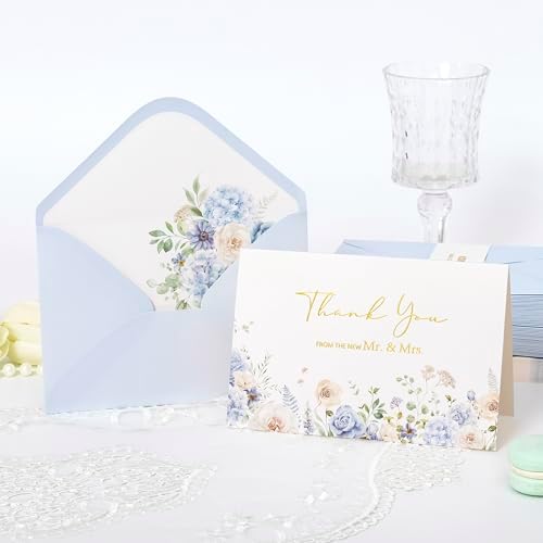 Crisky Blue Floral Wedding Thank You Cards with Envelopes & Stickers From Mr & Mrs, 100 Pack Gold Foil Eucalyptus Leaves Thank You Greeting Note Cards Bulk for Bridal Shower - Image 5
