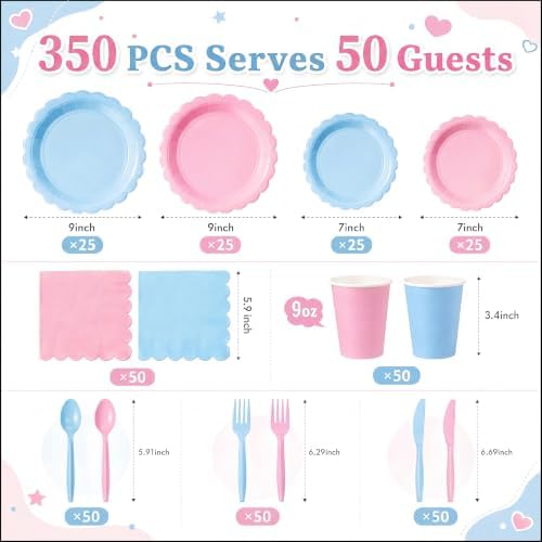 ArtSocket 350 Pack Disposable Tableware for 50 Guests, Pink Blue - Image 3