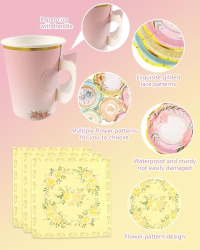 48 Set Vintage Floral Tea Cups ＆ Saucers Disposable Tea Party Supplies - Image 3