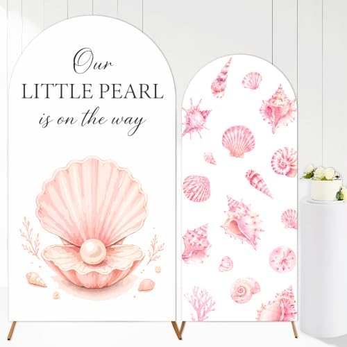 2PCS A Little Pearl is on the Way Baby Shower Arch Backdrop Cover 6ft 7.2ft Stretchy Seashell Theme A Little Pearl is on the Way Backdrop for Under the Sea Baby Shower Decorations Party Supplies by Tarndom