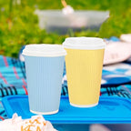 Whaline 100 Pcs Pastel Color Disposable Coffee Cups with Lids 16 Oz Yellow Pink Blue Green Paper Cup Corrugated Ripple Wall Insulated Hot Cups for Spring Summer Silly Goose Home Office Party Supplies - Image 5