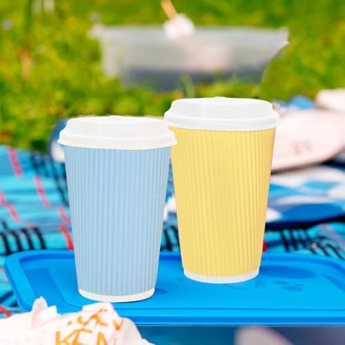 Whaline 100 Pcs Pastel Color Disposable Coffee Cups with Lids 16 Oz Yellow Pink Blue Green Paper Cup Corrugated Ripple Wall Insulated Hot Cups for Spring Summer Silly Goose Home Office Party Supplies - Image 5