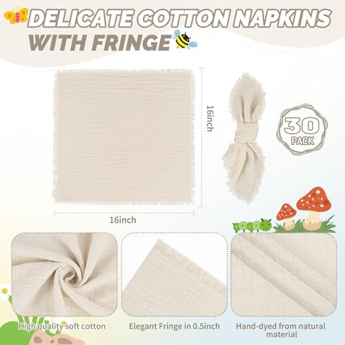 Showgeous 30 Pack Natural Cloth Napkins with Fringe, 16x16 inch 100% Cotton - Image 2