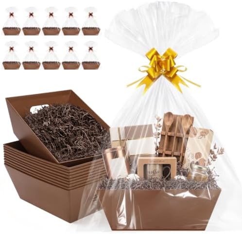EVELOMO 10 Pack Empty Gift Baskets to Fill - 12" x 10" Large Baskets for Gifts Empty, Sturdy DIY Gifts Baskets Sets with 500g Crinkle Cut Papers for Birthdays Weddings Parties and Holidays (Brown) by EVELOMO