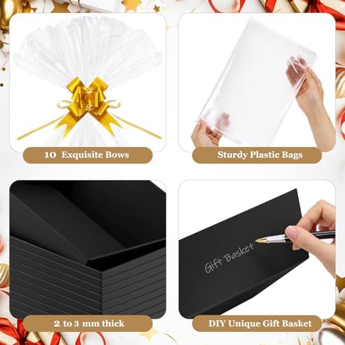 AFOROEOA 10PACK Baskets For Gifts Empty, 10 x 8” Thick Black Gift Basket with 10 Clear Gift Bags and 10 Pull Bows, Empty Gift Baskets for Christmas, Thanksgiving Wedding Birthday Party Wrapping Gift - Image 6