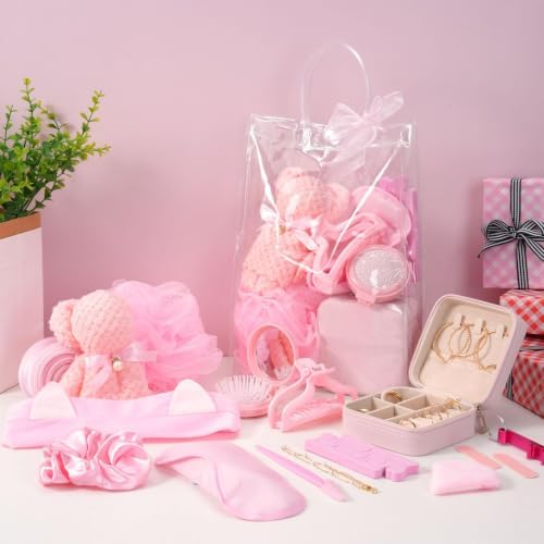 98 PCS Baby Shower Prizes for Game Winners, Pink Spa Party Favors Gifts with Sleep Masks Jewelry Box Scrunchies Claw Clips Powder Puff Gift Bags and Thank You Cards for Guests Bridal Shower (Pink) - Image 5