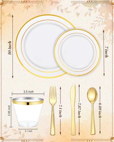 bUCLA 300PCS Gold Plastic Plates - White Gold Dinnerware set Disposable - Include 50 Each (Dinner&Dessert) Plates,50 Knives,50 Forks,50 Spoons,50 Cups for Party, Thanksgiving, Fall Harvest & Autumn - Image 2