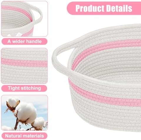 Gift Basket, Hamper Kit, Empty Hamper Basket with Cellophane Bags and Pull Bows, Rope Gift Baskets with Handles, Woven Gift Baskets for Baby Shower, Wedding, Birthday, Housewarming (White-pink) - Image 5