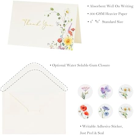 Crisky 4x6 Floral 4 Assorted Thank You Cards (100 Pack) with Envelopes - Image 2