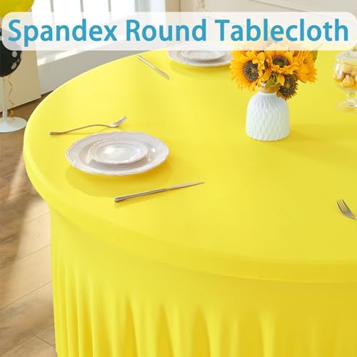 8 Pack Yellow Spandex Round Tablecloths for 72 inch Table, Wrinkle Free Stretchy 132inch Fitted 6ft Round Table Cover with Skirt for Wedding Party Dining Banquet - Image 2