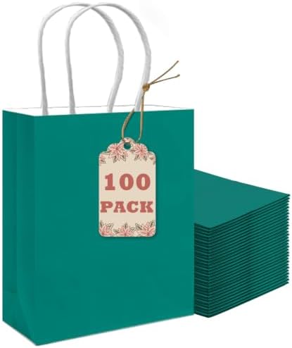 qiqee 100Pcs Paper Gift Bag with Handles Deep Green Party Favor Bags Multiple Uses (8.3"x3"x6", Small Size) by Qiqee