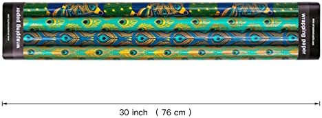 WRAPAHOLIC 30 Inch Peacock Christmas Wrapping Paper Roll - Jumbo Roll Green Peacock Elements Patterns with Metallic Foil Shine - 4 Rolls - 30 Inch x 120 Inch Per Roll - Image 2