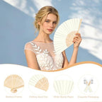 50Set Wedding Hand Fans Party Favors Cream Paper Folding Handheld Fans Bulk, DIY Bamboo Fans with Thank Tag Organza Bag for Summer Guests Bridal Dancing Props Church Decoation - Image 3