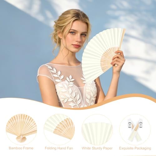 50Set Wedding Hand Fans Party Favors Cream Paper Folding Handheld Fans Bulk, DIY Bamboo Fans with Thank Tag Organza Bag for Summer Guests Bridal Dancing Props Church Decoation - Image 3