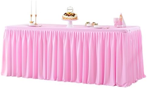 Wish Care Pink Polyester Table Clothes for 8 Foot Rectangle Tables, Wrinkle Free Fitted Table Cover with Pleated Ruffle Table Skirt for Birthday Party Wedding Trade Show Event Display by WishCare