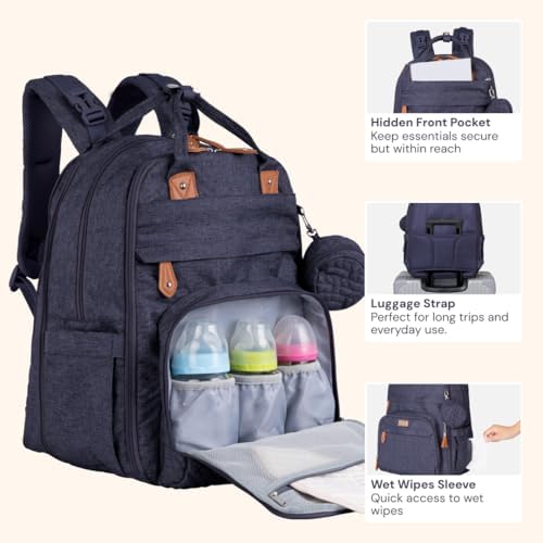 BabbleRoo Extra Large Diaper Bag Backpack, Expandable Baby Bag with Up to 50% More Capacity - Travel Essentials Baby Bag Tote with Changing Pad, Stroller Straps & Pacifier Case - Unisex, Denim Blue - Image 5