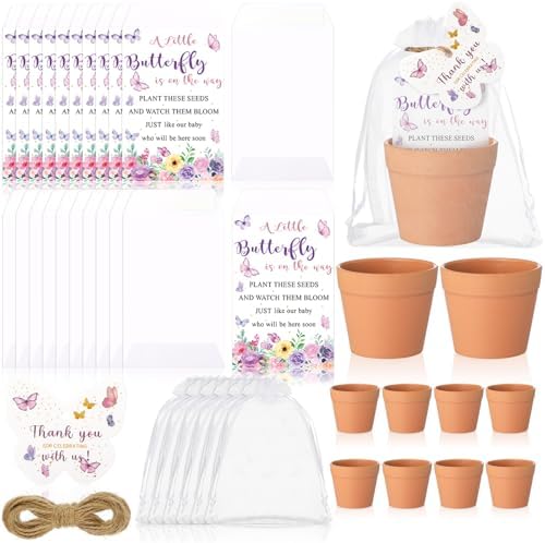 Ctosree 50 Sets Butterfly Baby Shower Party Favors for Guests A Little Butterfly Is on The Way Seed Packets Include Self-adhesive Seed Packets Flowerpot Thank You Tags Organza Bags for Baby Shower by Ctosree