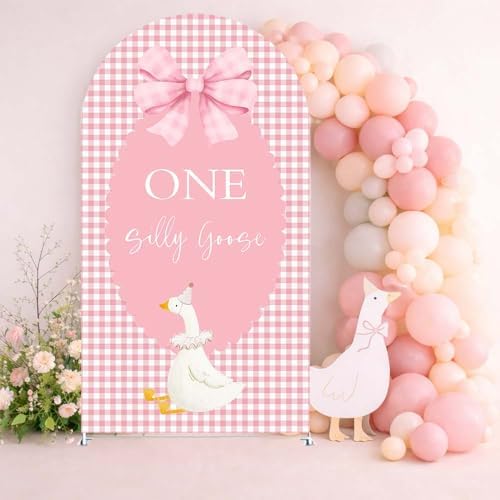 Arch Backdrop Cover One Silly Goose Baby Shower Girl Pink 1st Birthday Party Decors Spandex Stretchy Arch Stand Cover Plaids Cartoon Banquet Props (6.6FT,Bow) - Image 3