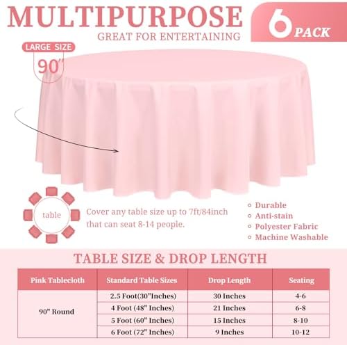 Showgeous 90 Inch Pink Round Tablecloths, Polyester Table Covers - Image 2