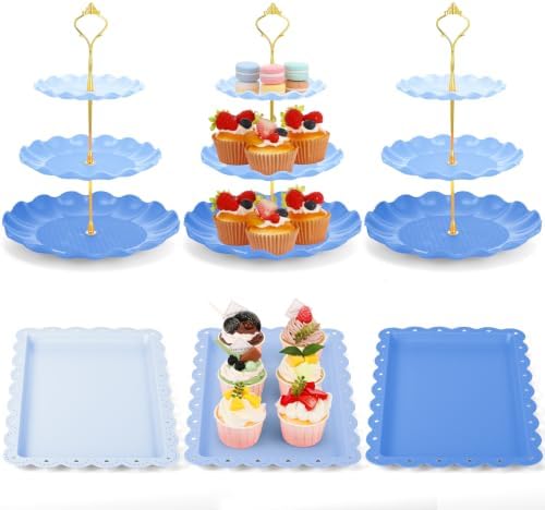 FoldTier 6 Pack Cupcake Stand Set 3 Pcs 3 Tier Gradient Dessert Table Display Stands Cookie Tray Rack 3 X14 in Rectangle Party Trays for Wedding Birthday Tea Party Baby Shower(Blue,Round) by FoldTier