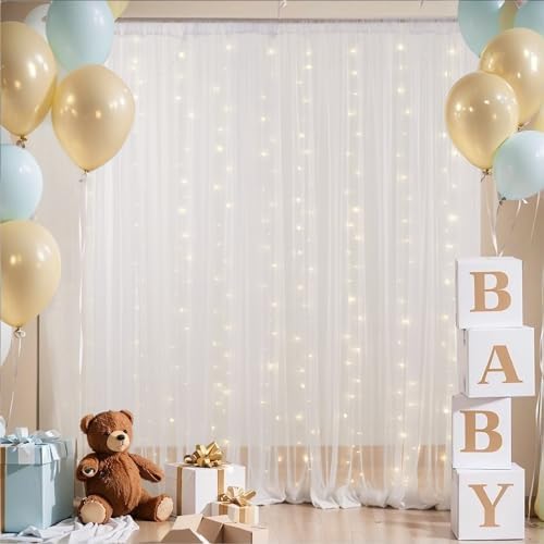 30x10ft White Tulle Backdrop Curtain with Lights String for Parites, Sheer Backdrop Curtains for Wedding Baby Shower Birthday Party Photo Shoot Decorations - Image 2