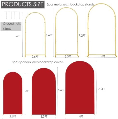 Set of 3 Metal Arch Backdrop Stands with Red Covers, 6/6.6/7.2FT - Image 3