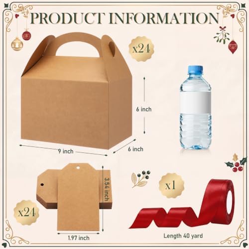 Maitys 24 Set Large Gable Boxes with Handle Ribbon and Tag, Kraft, Red - Image 2