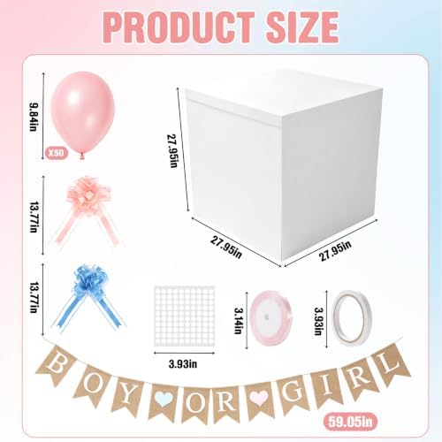 Faelhacon 28”Giant Gender Reveal Gift Box with Lid Banner 40 Pcs Blue Balloons and Ribbons Sturdy Cardboard Easy Assembly Boy Or Girl Reveal Party Decor DIY Foldable Storage(Pink) - Image 2