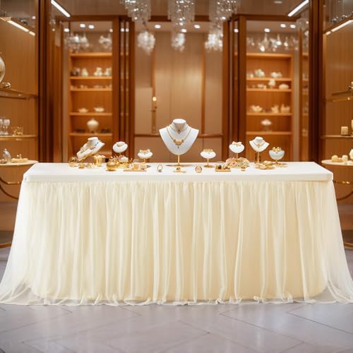 Champagne Tablecloth for 6 Foot Rectangle Tables with Tulle Table Skirt - Image 5