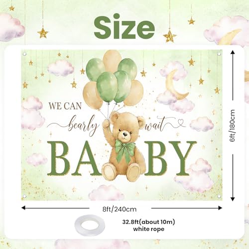 Avezano We Can Bearly Wait Banner Bear Baby Shower Decorations Bear Baby Shower Backdrop Teddy Bear Baby Shower Banner for Boys Girls (Green, 8 x 6 ft) - Image 2