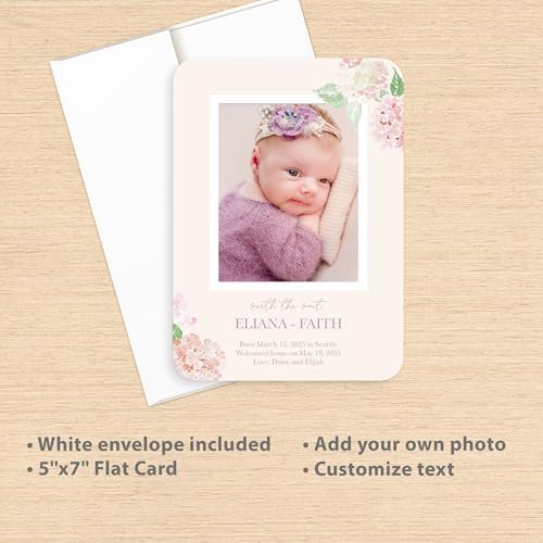Let's Make Memories Personalized Baby Announcement Cards - Birth, Adoption - Boy, Girl - Premium Quality Custom Photo Cards for Mailing - 5x7 - Includes White Envelopes - Watercolor Blooms - 25 ct - Image 3