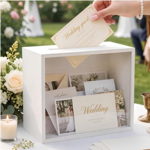 Noamus White Wedding Card Box with Slot, 11" Wooden Large Envelope Box, Money Gift Storage Holder for Wedding Reception, Graduation Party, Birthday Favor, Baby Shower, Souvenirs Donations, DIY Decor by Noamus