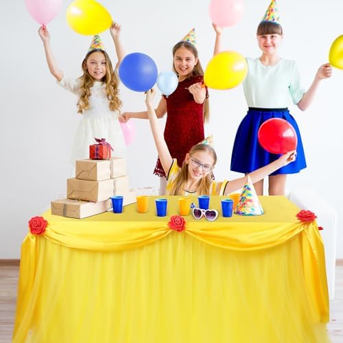 5 Pcs Rose Beauty Princess Party Decor Yellow Table Skirt Set 30 x 108 in - Image 4