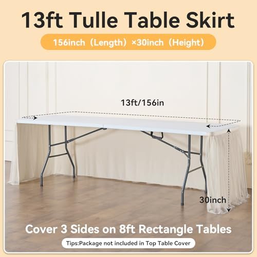 156in Champagne Gold Tulle Table Skirts for Rectangle Tables 8ft 6ft 4ft, 2-Layer Beige Ruffle Tulle Tutu Cloth Table Skirt 13ft for Wedding Party Birthday Baby Shower Cake Dessert(No Table Cover) - Image 5