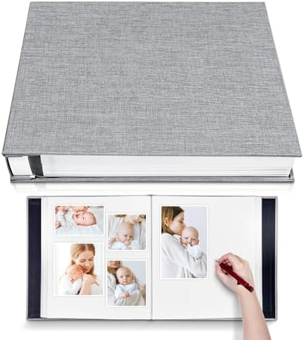 Large Photo Album Self Adhesive 4x6 5x7 6x8 8x10 Pictures Scrapbook Magnetic Album DIY Scrap Book 60 Sticky Pages Linen Cover DIY Photo Album with A Metallic Pen and DIY Accessories(Gray), 11" X 10.8" 60 Pages by HoneyTolly