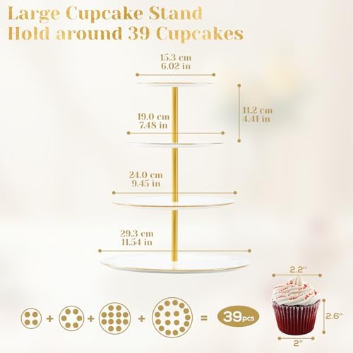 DUJUST 4-Tier Cupcake Stand Tower, British Style Porcelain Tiered Tray with Golden Trim & Pattern, Food Grade Dessert Display Stand, Beautiful Gift for Tea Party & Home Décor - White - Image 5