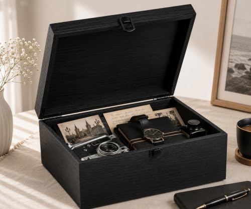Keepsake Box,Large Acacia Wooden Memory Box Jewelry Box and Photo Storage Box for Wedding Baby Shower Decorative Storage Treasure Boxes with Lids (Black) - Image 7