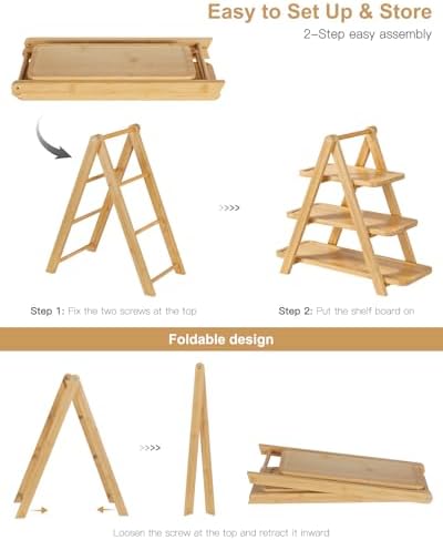 Jotsport Natural Bamboo 3-Tier Serving Tray Foldable Cupcake Stand - Image 5